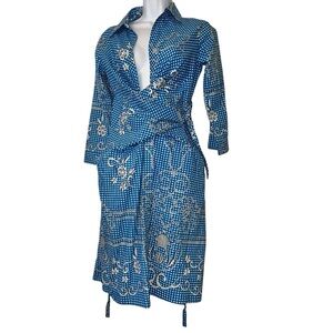 Samantha Sung blue gingham wrap dress with pockets sz 4